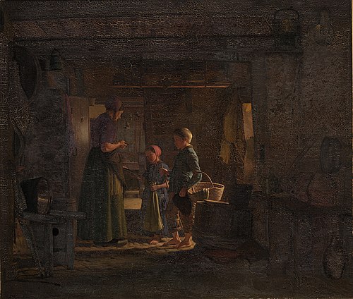 To tiggerbørn i et bondekøkken, 1860, Frederik Vermehren
