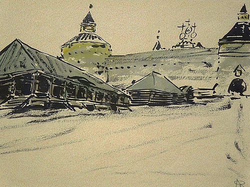 Drewniany dom z podcieniami pod murami obronnymi, 1913, Stanislaw Noakowski