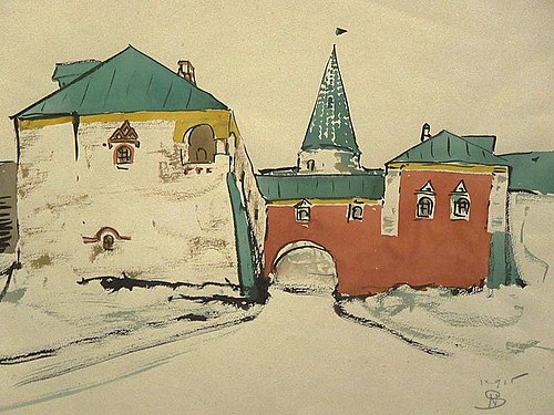Zabudowa monasteru z bramą i wieżą, 1915, Stanislaw Noakowski