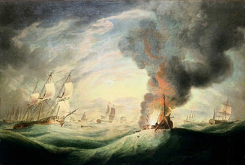 Loss of HMS 'Ramillies', September 1782: blowing up of the wreck, 1783, Robert Dodd