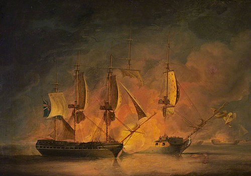 Action at sea: an English and a French frigate engaging, 1802, Robert Dodd