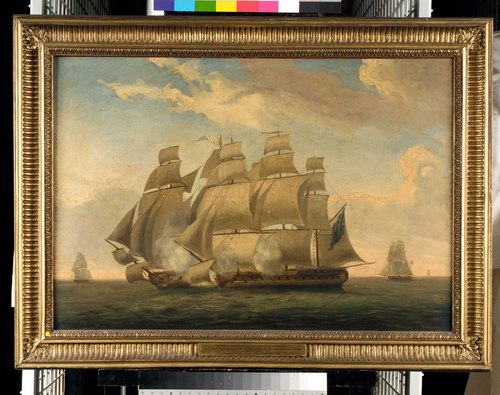 Start of the action between HMS Magicienne and La Sibylle, 2 January 1783, 1784, Robert Dodd