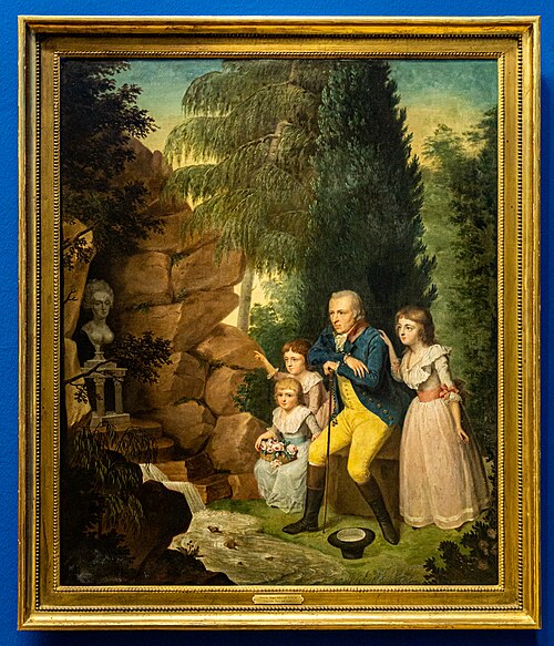 Clemens August von Galen mit seinen Töchtern vor der Büste der Mutter im Park, 1791, Johann Christoph Rincklake