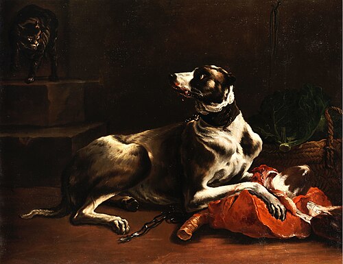 Eating dog confronted by envious cat, , Justus Sustermans