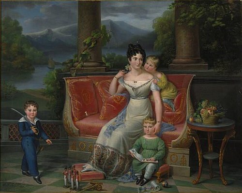 Une dame élégante et trois enfants sur un canapé néoclassique, sur un balcon, 1825, Jenny Berger-Désoras