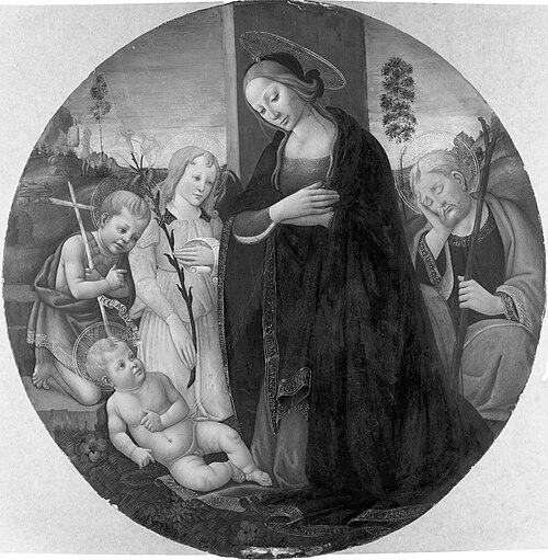 Holy Family with the Young Baptist and an Angel, 1490, Master of the Miller Tondo