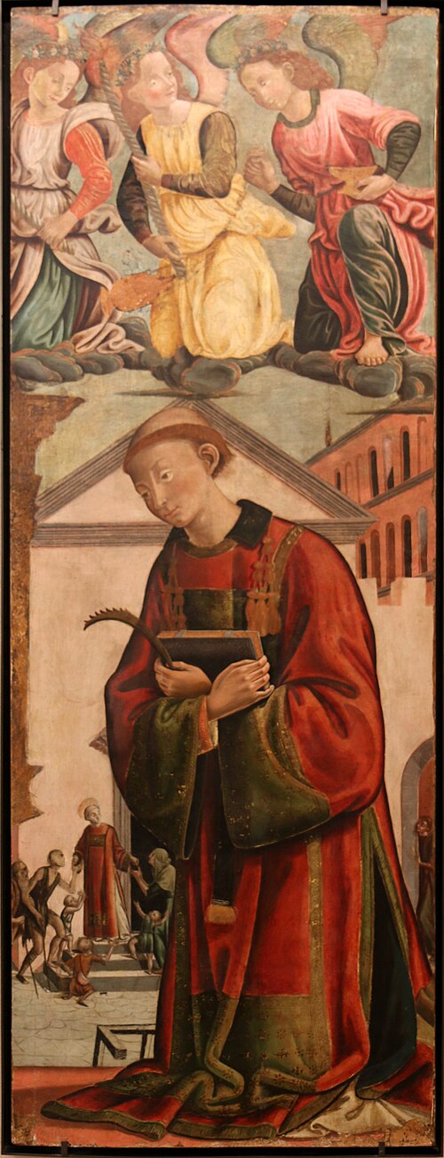 Saint Laurent (à l'arrière-plan : Saint Laurent distribuant le trésor de l'Église aux pauvres), 1450, Jacopo del Tedesco