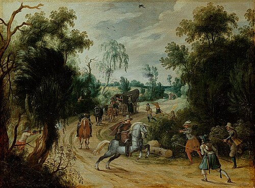 Wooded landscape with a robbery, 1623, Sébastien Vrancx