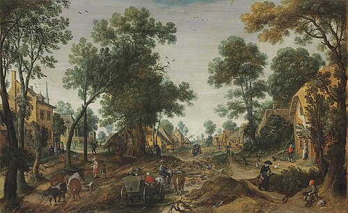 A village landscape with travelers in a horse-drawn carriage on a path, , Sébastien Vrancx