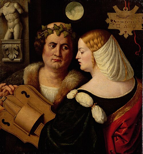 Drehleierspielender Dichter und junge Frau, 1520, Giovanni Cariani