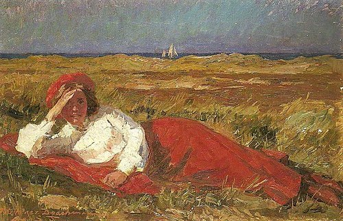 Liggende kvinde i klitterne ved Skagen, Soffi Drachman, 1904, Laurits Tuxen