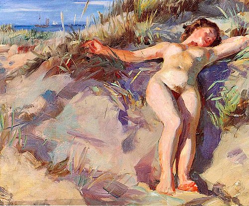 Ung nøgen kvinde tager solbad i klitterne ved Skagen, 1908, Laurits Tuxen