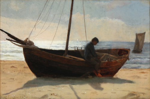 Fisher boy in a boat on the beach. Sketch., 1874, Laurits Tuxen