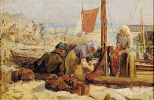 View from France with fisher women mending the nets., 1876, Laurits Tuxen