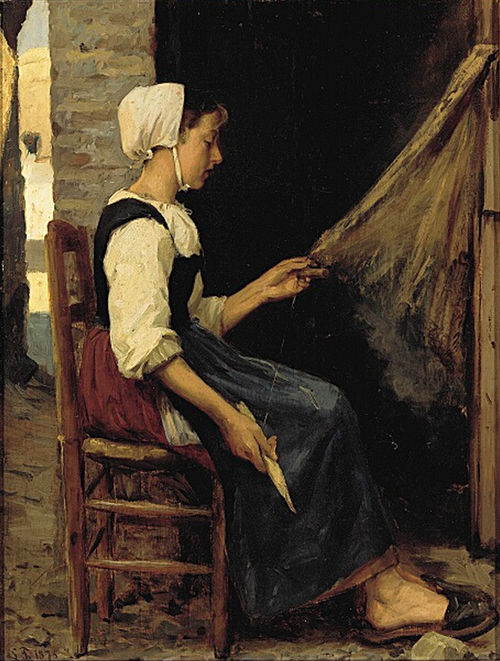 Young fisherwoman mending nets., 1878, Laurits Tuxen