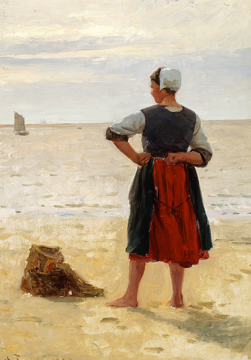 Beach scene from Bretagne. A young fisherwoman is looking at the sea., 1880, Laurits Tuxen
