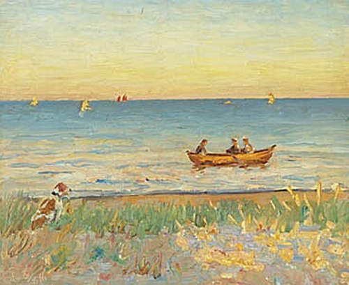 Skagen Sønderstrand with three men in a rowboat and a dog on the beach., 1916, Laurits Tuxen