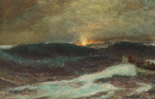 A ship torpedoed in the Atlantic., 1918, Laurits Tuxen