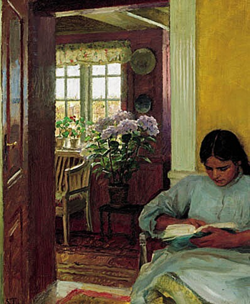 Yvonne Tuxen reading in Villa Dagminne., 1908, Laurits Tuxen