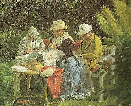 Kunstnerens anden hustru med Nina og Yvonne i haven på Skagen, 1900, Laurits Tuxen