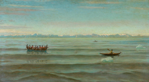 An umiak at the coast of Greenland in calm weather., 1921, Laurits Tuxen