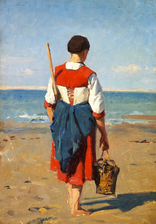 A young fisherwoman with a basket, seen from behind., 1880, Laurits Tuxen