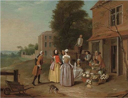 Elegant company at a vegetable stall, 1720, Joseph Van Aken