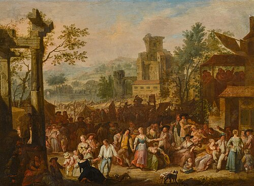 Market scene with peasants dancing, 1727, Joseph Van Aken