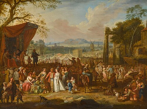 Market scene with elegant couple, 1727, Joseph Van Aken