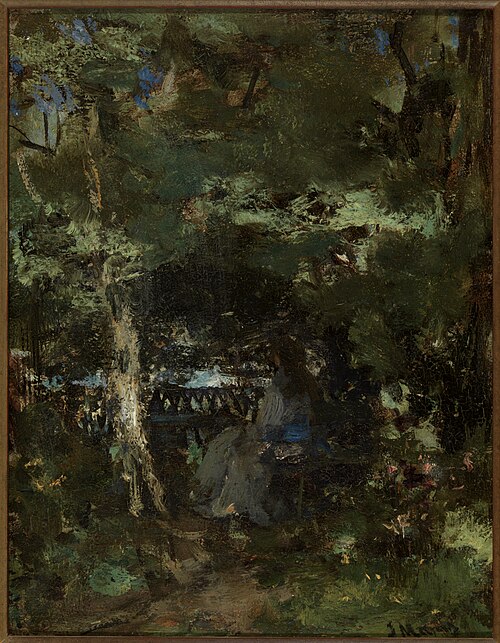 Dame op een bankje in het park., 1870, Jacob Maris
