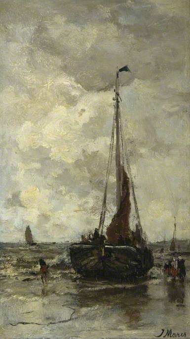 Dutch Fishing Pink Grounded at Scheveningen (previously called 'Beach Scene with  Grounded Boat'), 1880, Jacob Maris