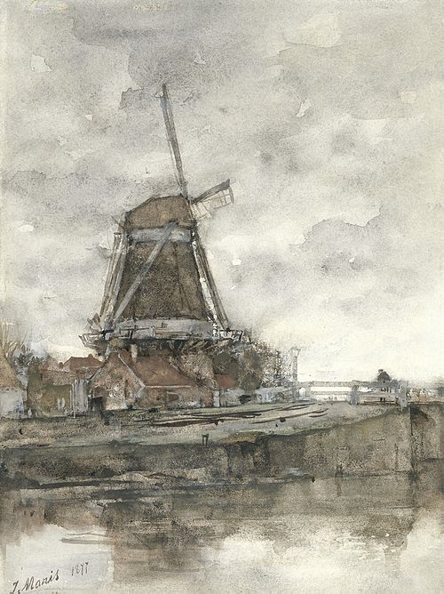 Molen en de brug bij de Noord-West-Buitensingel in Den Haag, 1877, Jacob Maris