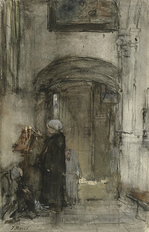 Vissersvrouw met haar dochtertje als 'bruidje' steekt een kerkkaars aan, 1850, Jacob Maris