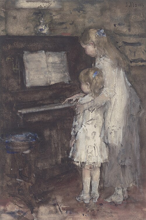 Twee meisjes, dochters van de kunstenaar, bij de piano, 1850, Jacob Maris