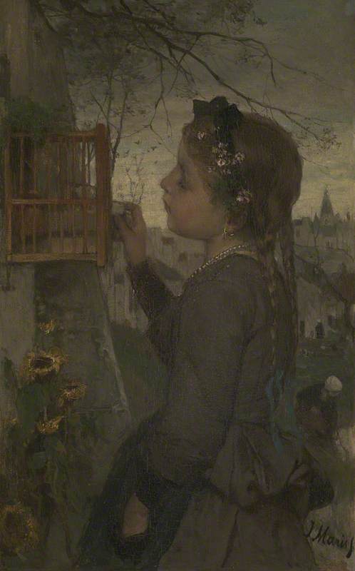 A Girl feeding a Bird in a Cage, 1867, Jacob Maris