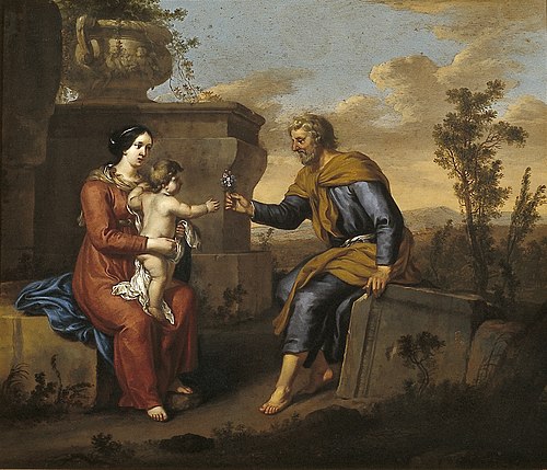 De heilige familie, gezeten in een klassiek landschap, 1705, Gerard Hoet