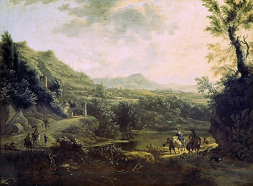 Italian landscape with fortress on the rocks, 1660, Adam Pynacker