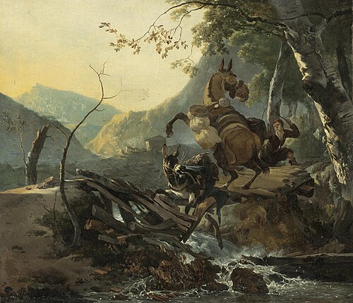 Italianate Landscape with a Donkey and a Rearing Horse Crossing a Collapsing Bridge, 1660, Adam Pynacker