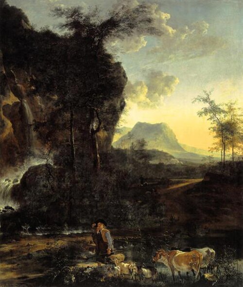 Landscape with waterfall and shepherd, 1654, Adam Pynacker