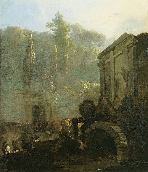 Italian cemetery with a shepherd and cattle, 1665, Adam Pynacker