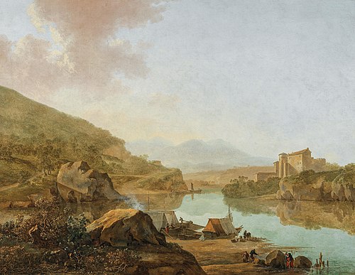 An extensive Italianate river landscape, 1660, Adam Pynacker