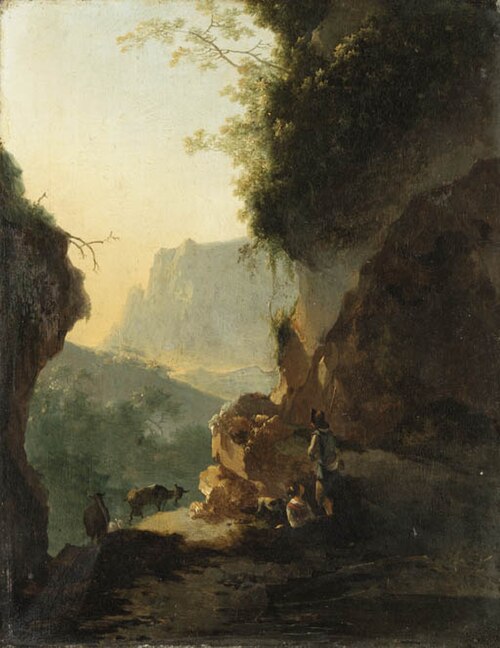 An Italianate landscape with peasants resting on a mountain path, 1660, Adam Pynacker