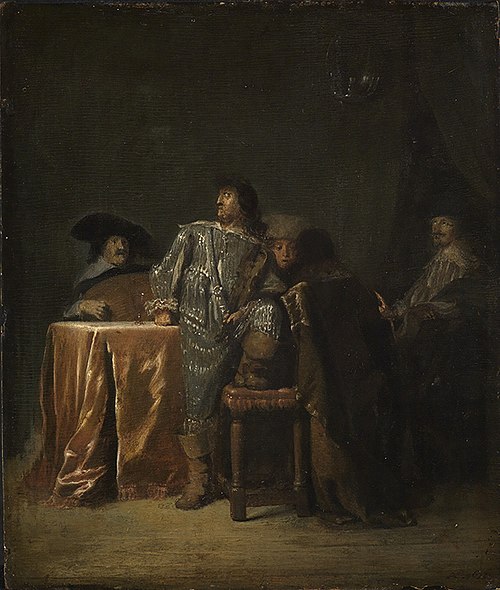 Five men playing music in an interior, 1633, Leonard Bramer