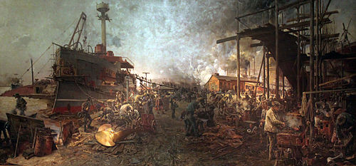 The building of the Oldenburg, a central battery ship, at the Vulcan dockyard in Stettin., 1886, Karl Hochhaus