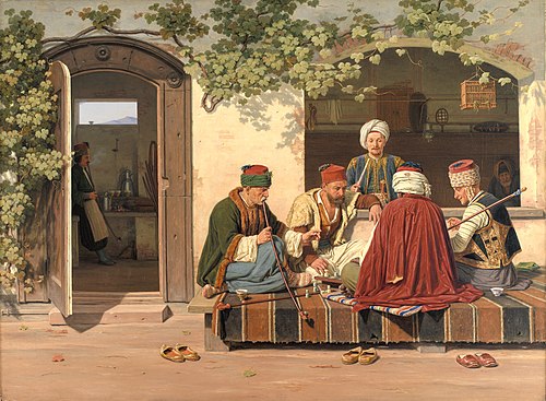 A party of chess players outside a Turkish coffeehouse and barbershop, 1845, Martinus Rørbye