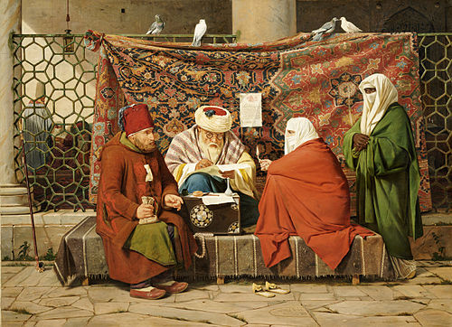 A Turkish notary drawing up a marriage contract in front of the Kiliç Ali Pasha Mosque, Tophane, Con, 1837, Martinus Rørbye