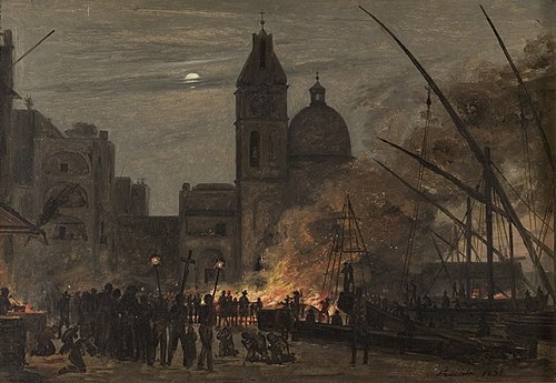 A ship on fire in the harbour of the Italian island Procidia, 1835, Martinus Rørbye