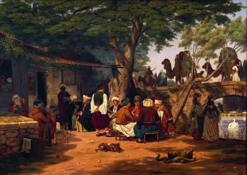 Scene af det offentlige liv i Orienten. Motiv ved karavanebroen i nærheden af Smyrma., 1838, Martinus Rørbye