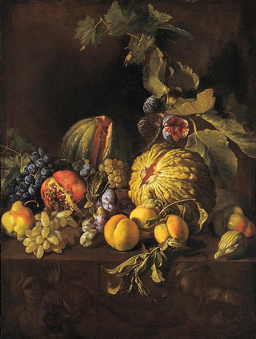 Still life with pumpkin, grapes and pears, 1650, Michelangelo Cerquozzi