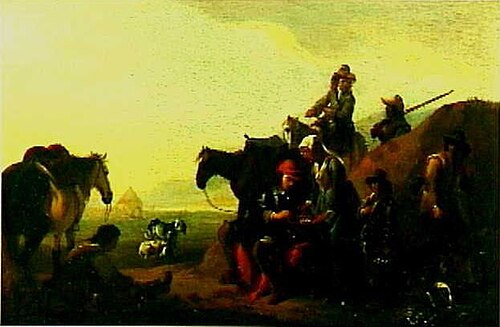 Hunters resting in a landscape; an old woman offers refreshments, 1648, Jan Miel
